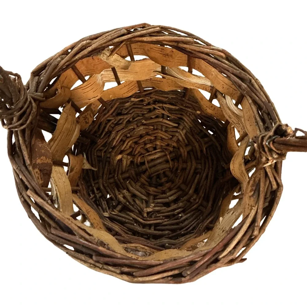 Vintage Grapevine and Wicker Basket Tall Arched Handle Rustic Farmhouse 16x8x7.5